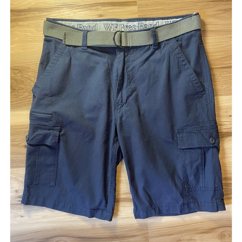 WearFirst Mens Cargo Shorts Navy Blue Ripstop Free-Band Stretch Belted Size 36